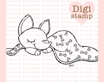 Sleepy Time Pup Digital Stamp for Card Making, Paper Crafts, Scrapbooking, Invitations, Stickers, Cookie Decorating, Chihuahua