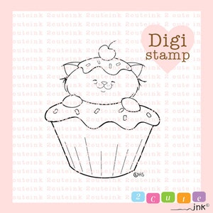 Cupcake Kitty Digital Stamp for Card Making, Paper Crafts, Scrapbooking, Hand Embroidery, Invitations, Stickers, Cookie Decorating image 1