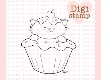 Cupcake Kitty Digital Stamp for Card Making, Paper Crafts, Scrapbooking, Hand Embroidery, Invitations, Stickers, Cookie Decorating