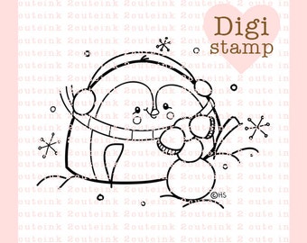 Snowball Penguin Digital Stamp for Card Making, Paper Crafts, Scrapbooking, Hand Embroidery, Invitations, Stickers, Coloring Pages