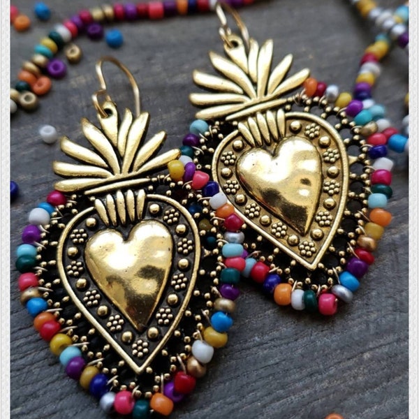 Arcelia - Fiesta Gold Sacred Heart Earrings Dangle Latina Vibrant Multicolors Mexican Wedding Lace Detail Love Mexico Rainbow Otomi Latinx