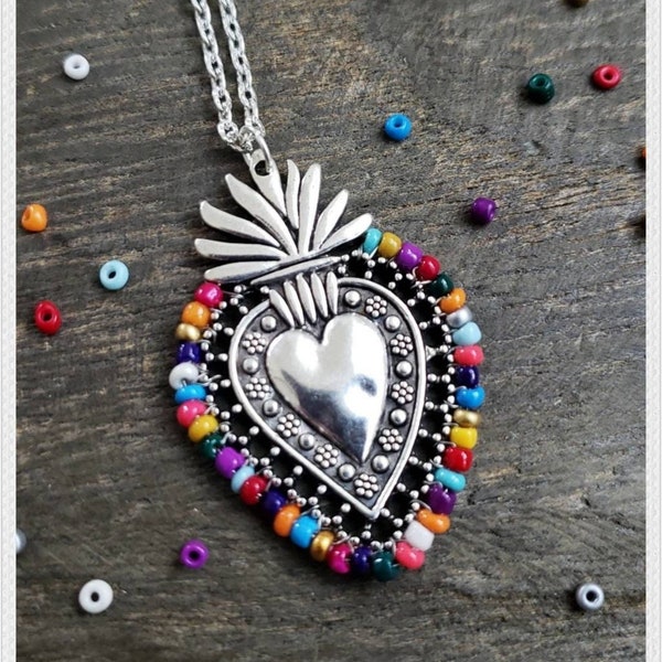 Arcelia - Fiesta Silver Sacred Heart Necklace Latina Vibrant Multicolor Mexican Wedding Lace Love Mexico Rainbow Otomi Corazon Ex Voto Frida