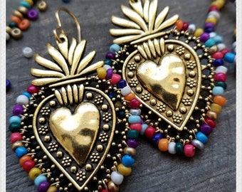 Arcelia - Fiesta Gold Sacred Heart Earrings Dangle Latina Vibrant Multicolors Mexican Wedding Lace Detail Love Mexico Rainbow Otomi Latinx