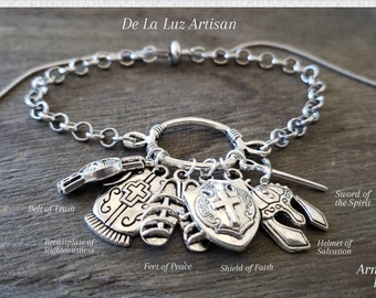 Silver Armor of God Charm Bracelet, Bible Verse, Bible Study, Religious, Christian, Warrior, Medieval, Viking, Renaissance, Ephesians