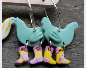 Chickadee Earrings - Farm Chicken Earrings with Rain Boots, Polymer Clay Earrings, Lightweight, Yellow Chicks, Spring Chickens, Aqua