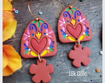 Rojas - Flaming Red Heart Earrings, Otomi Embroidery, Dia De Muertos, Mexican Terracotta, Polymer Clay, Fiesta Colors, Frida Kahlo, Marigold