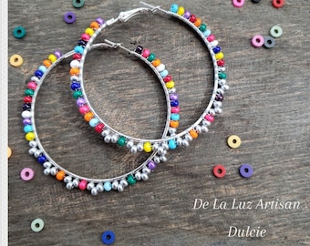Dulcie - Fiesta Silver Large Hoop Earrings Latina Vibrant Multicolor Mexican Wedding Lace Love Mexico Rainbow Otomi Frida Czech Glass Selena