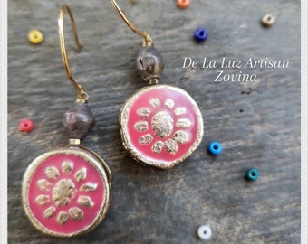 Zovina - Red Clay Gold Earrings Sunshine Flower Boho Rustic Elegance Mixed Metals Upcycled Circle Pewter Mexican Latina Mayan Hematite Petal