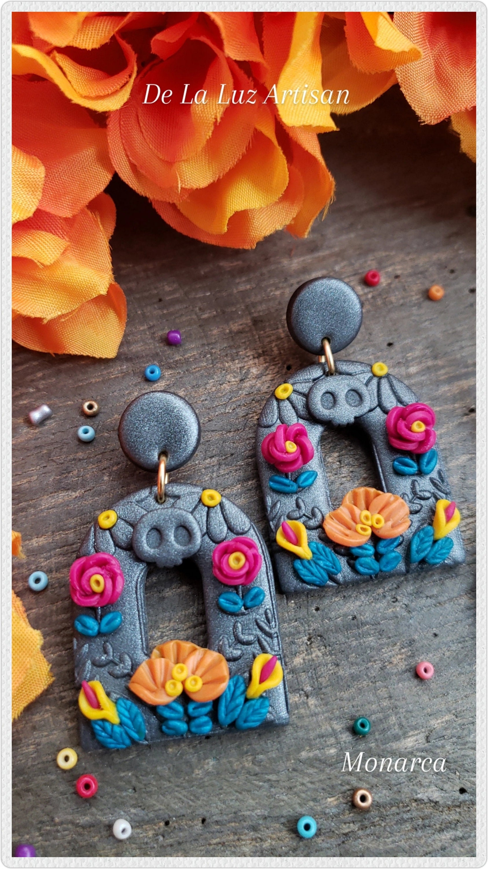 Pariso - Floral Bouquet Earrings, Charcoal Skull, Otomi Embroidery, Dia De Muertos, Mexican, Polymer Clay, Fiesta Colors, Frida Kahlo,