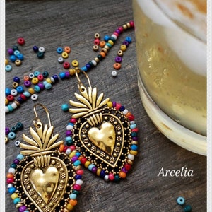 Arcelia Fiesta Gold Sacred Heart Earrings Dangle Latina Vibrant Multicolors Mexican Wedding Lace Detail Love Mexico Rainbow Otomi Latinx image 6