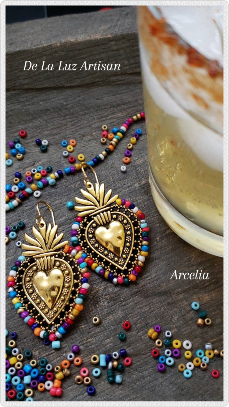 Arcelia Fiesta Gold Sacred Heart Earrings Dangle Latina Vibrant Multicolors Mexican Wedding Lace Detail Love Mexico Rainbow Otomi Latinx image 6