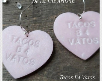 Tacos B4 Vatos - Pink Conversation Hearrings, Polymer Clay, Shimmery Light Pink, Latina, Kawaii, Sterling Silver, Pastel, Valentine's Day