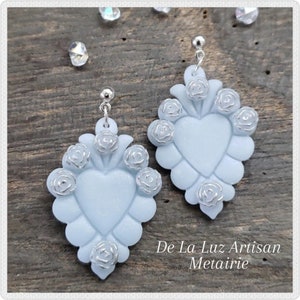 Metairie - Blue Flaming Heart Earrings Polymer Clay Roses Sacred Heart Milagro Latina Valentine&#39;s Day Love