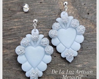 Metairie - Blue Flaming Heart Earrings Polymer Clay Roses Sacred Heart Milagro Latina Valentine's Day Love