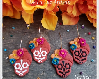 Yaritza- Flower Crown Sugar Skull Earrings, Dia De Muertos, Barro, Mexican, Terracotta, Halloween, Polymer Clay, Fiesta Colors, Frida Kahlo