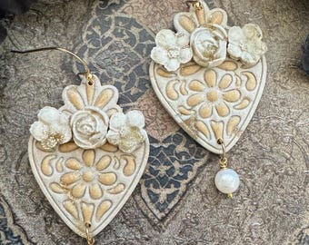 CARINA - Ivory Flaming Heart Flower Crown Fiesta Earrings, Dia De Muertos, Vintage Mexican Wedding, Pastel Folkloric Art, Pearl Drops