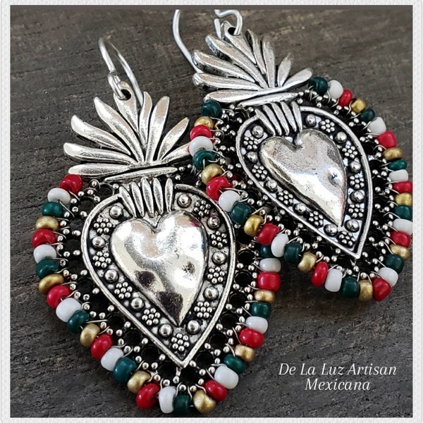 Mexicana - Mexico Flag Colors Silver Sacred Heart Earrings Dangle Latina Vibrant Mexican Football Team Soccer Sports Lace Love Latinx Fiesta