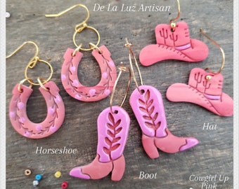 Cowgirl Up - Pink Cowgirl Polymer Clay Earrings, Horseshoe, Cowboy Hat, Cowboy Boots, Rodeo, Summer, Ranch, Farmhouse, Texas, Barbie Pink