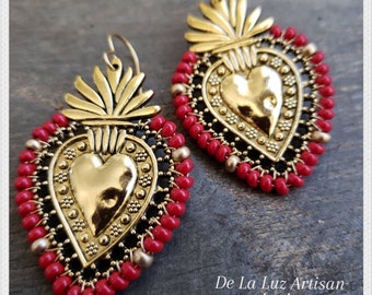 Inola - Red Beaded Silver Sacred Heart Earrings Dangle Latina Lace Love Latinx Fiesta Flaming Hearts