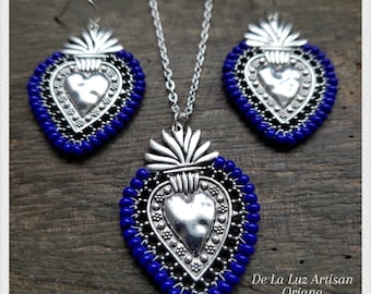 Oriana - Custom Color Sacred Heart Earrings Necklace Set Latina Multicolor Mexican Love Mexico Otomi Milagro Rainbow Blue Fiesta Silver Gold
