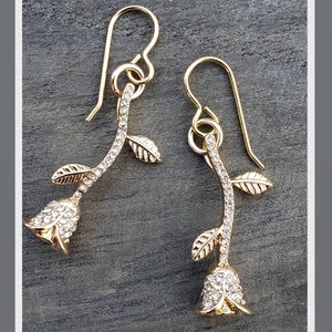 Belle Gold Rose Earrings - Beauty & the Beast inspired Earrings, Bridesmaid, Vintage Wedding, Bridal, 10k gold, Disney Fan, Valentine&#39;s Day