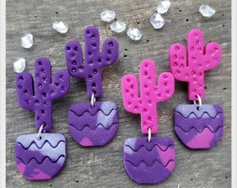 Jansen - Pink Cactus House Plant Polymer Clay Earrings Purple Clay Pot Cactus Stud Earrings 80's Vibe Hot Pink