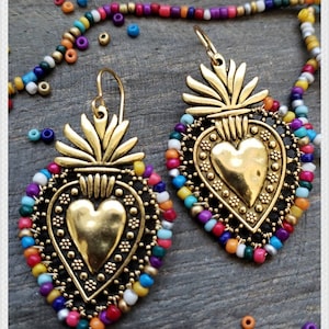 Arcelia Fiesta Gold Sacred Heart Earrings Dangle Latina Vibrant Multicolors Mexican Wedding Lace Detail Love Mexico Rainbow Otomi Latinx image 3