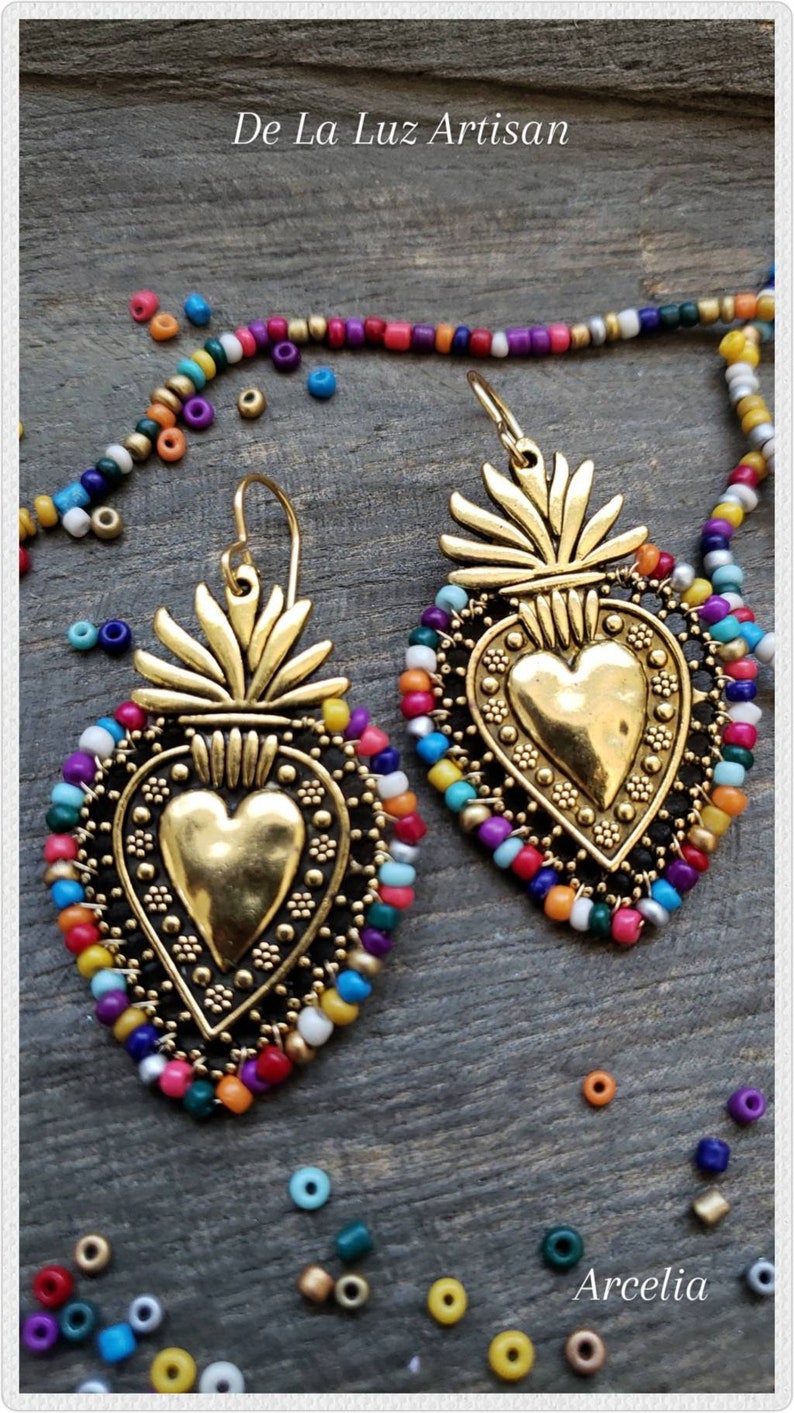 Arcelia Fiesta Gold Sacred Heart Earrings Dangle Latina Vibrant Multicolors Mexican Wedding Lace Detail Love Mexico Rainbow Otomi Latinx image 3