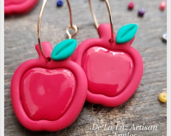 Apple - Red Apple Teacher Appreciation Earrings, Polymer Clay Earrings, 10k Gold, Sterling Silver Hoops, Back to School, Elementary Teacher