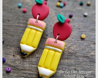 School Pencil - Yellow Pencil Red Apple Teacher Appreciation Earrings, Polymer Clay Earrings, Back to School, Elementary, Teacher Gift