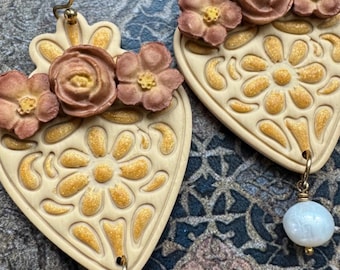 CARINA - Copper Heart Flower Crown Fiesta Earrings, Dia De Muertos, Mexican Wedding Polymer Clay, Neutral Fall Season, Pastel, Folkloric