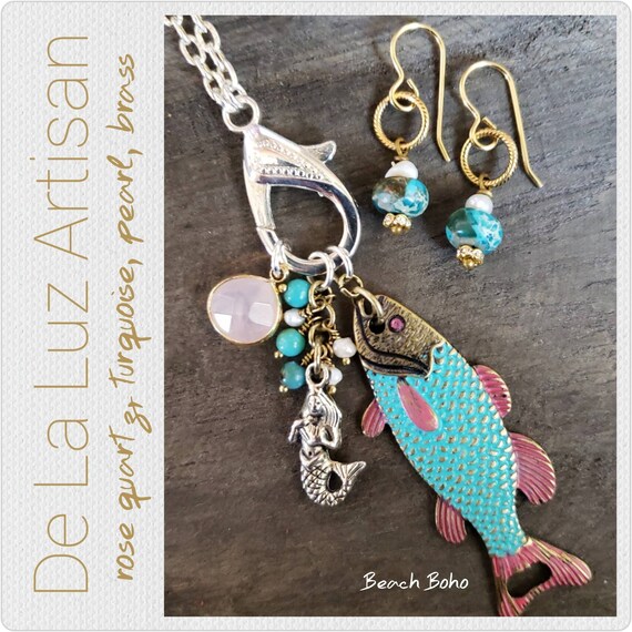 Feather Charm Necklace Bird Charm Blue Quartz Crystal Charns Brass Beading Chain BOHO CHIC