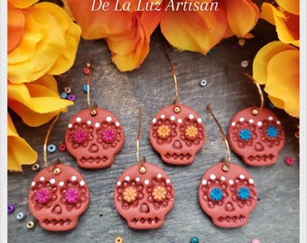 Carmona - Sugar Skull Earrings, Calavera, Dia De Muertos, Flower, Barro Pottery, Mexican Jewelry, Terracotta, Halloween, Polymer Clay, Pink