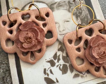 Xiadani - Copper Flower Papel Picado Fiesta Banner Earrings, Dia De Muertos, Mexican Terracotta Polymer Clay, Neutral Fall Season, Pastel