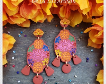 Camilla - Mexican Flower Earrings, Dia De Muertos, Barro Pottery, Terracotta Polymer Clay, Statement Dangle, Fiesta Multicolored, Marigold