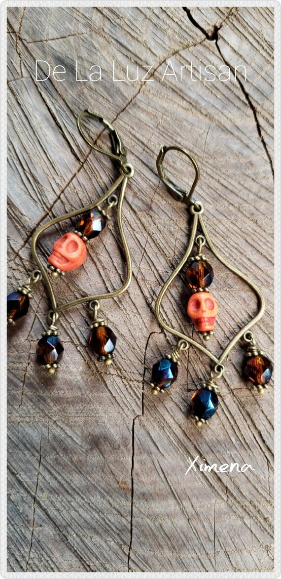Ximena Orange Stone Skull Czech Glass Chandelier Earrings Image 0