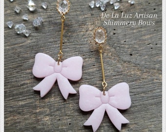 Shimmery Bows - Pink Dangle Polymer Clay Earrings, Faceted Crystal Stud, Pink Bow, Valentine's Day, Kawaii, Long Gold Earrings