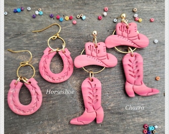 Charra - Terracotta Cowgirl Polymer Clay Earrings, Horseshoe, Cowboy Hat, Cowboy Boots, Rodeo, Ranch, Farmhouse, Texas, Cowgirl Barbie Pink