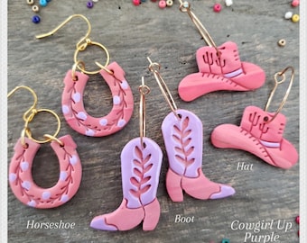 Cowgirl Up - Purple Cowgirl Polymer Clay Earrings, Horseshoe, Cowboy Hat, Cowboy Boots, Rodeo, Summer, Ranch, Farmhouse, Texas, Barbie