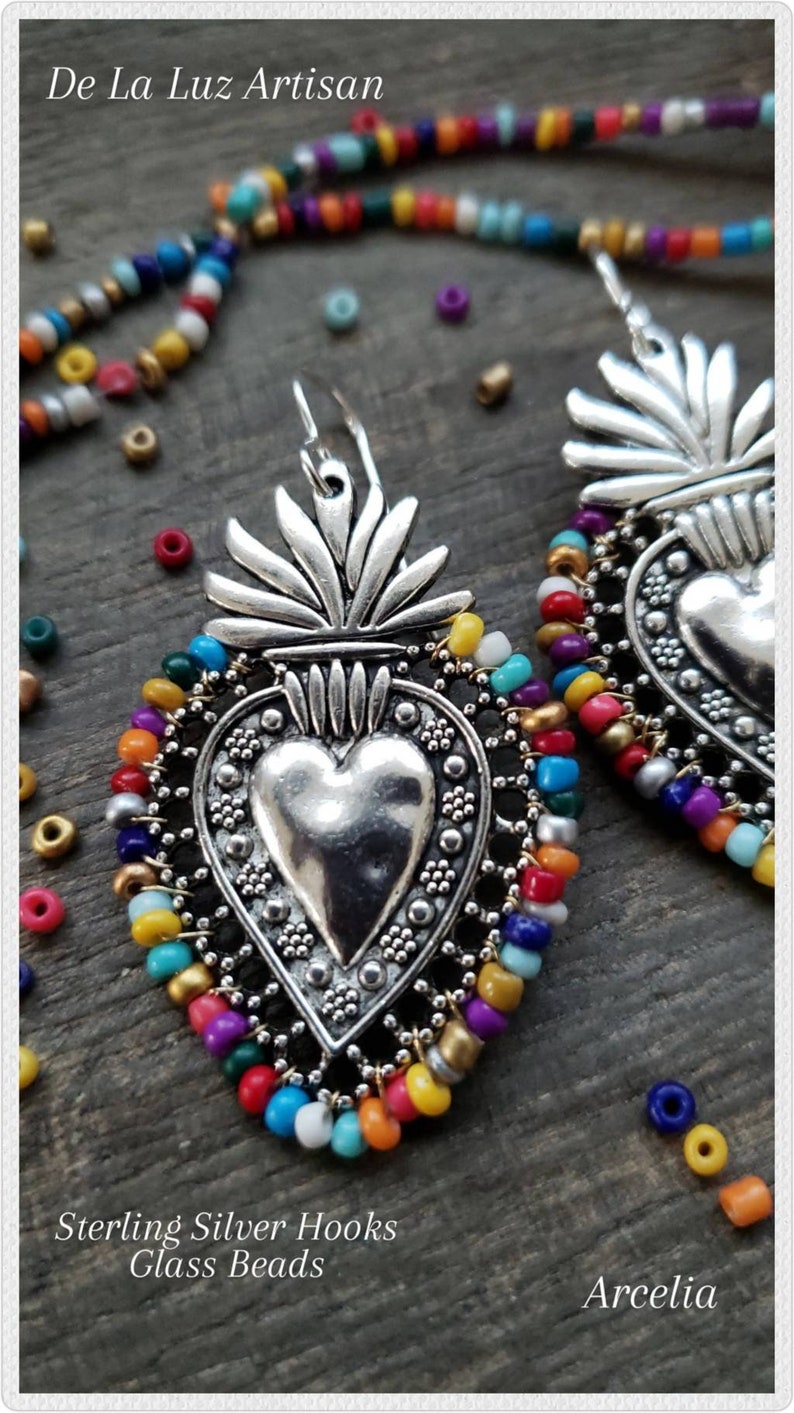 Arcelia Fiesta Gold Sacred Heart Earrings Dangle Latina Vibrant Multicolors Mexican Wedding Lace Detail Love Mexico Rainbow Otomi Latinx image 8