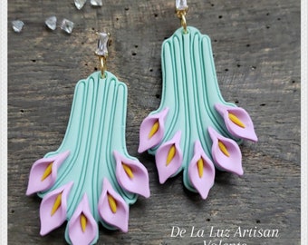 Valente Earrings - Easter Lily Earrings, Polymer Clay Lightweight Statement Earrings, Diego Rivera Lilies, Purple Lily, Cubic Zirconia Studs