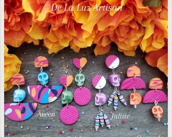 Aveen - Pink Polymer Clay Dia De Muertos Earrings Halloween Blue Skull Fiesta Mexican Latina Terrazzo Blue Pink 80's Colors Spooky Modern