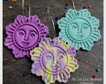 Lumina Earrings - Sunshine Earrings, Rainbow Green Sol Polymer Clay Lightweight Statement Earrings Tie Dye Yellow Smiling Sun Rays Spring