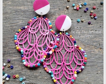 Bailleres - Fiesta Pink Large Filigree Earrings Latina Vibrant Multicolor Mexican Lace Mexico Rainbow Otomi Frida Kahlo Polymer Clay Studs