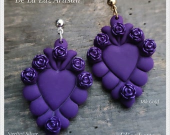 Elisabetta - Purple Flaming Heart Earrings Polymer Clay Roses