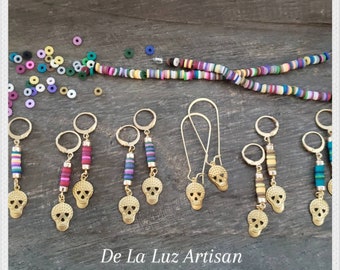 Celinda - Brass Dia De Muertos Earrings Halloween Skull Fiesta Mexican Latina Halloween Spooky Modern Clay Gold Calavera Rainbow Lightweight