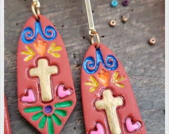 Creencia - Gold Cross Flaming Heart Earrings, Otomi Embroidery, Dia De Muertos, Mexican Terracotta, Polymer Clay, Fiesta Colors, Frida Kahlo