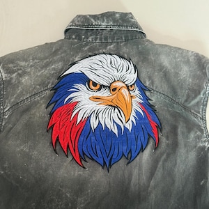 May include: A sleeveless denim vest in a faded grey wash. The back features a large embroidered eagle head with white, red, blue, and orange details. The vest has a collared neckline and a button-down front.