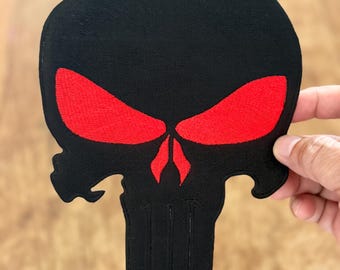 Skull Punisher Embroidered Patch: Black & Red Iron-on Applique
