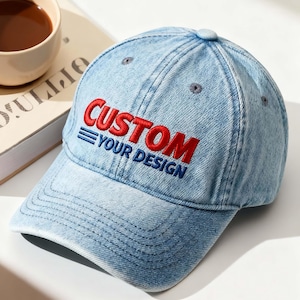 Gorra de mezclilla bordada personalizada, gorra de béisbol de mezclilla lavada, gorra vintage para hombre, regalo para él, bordado lateral de la gorra, parte posterior personalizada de la gorra